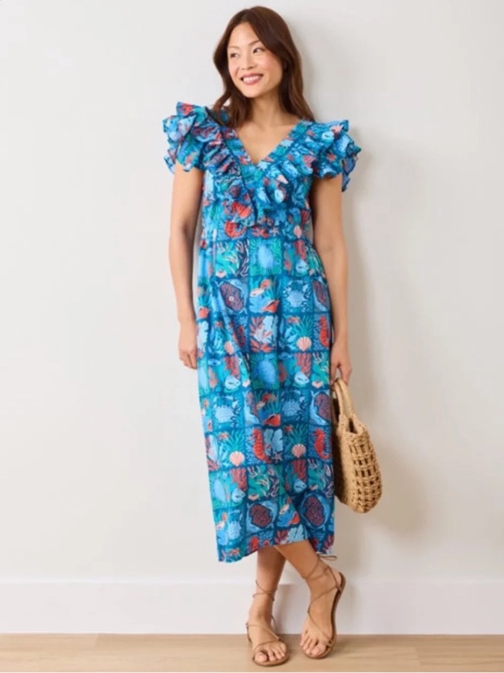 Printfresh Lola Midi Dress ruffle Nautical Tiles Seaside ocean animals fish reef